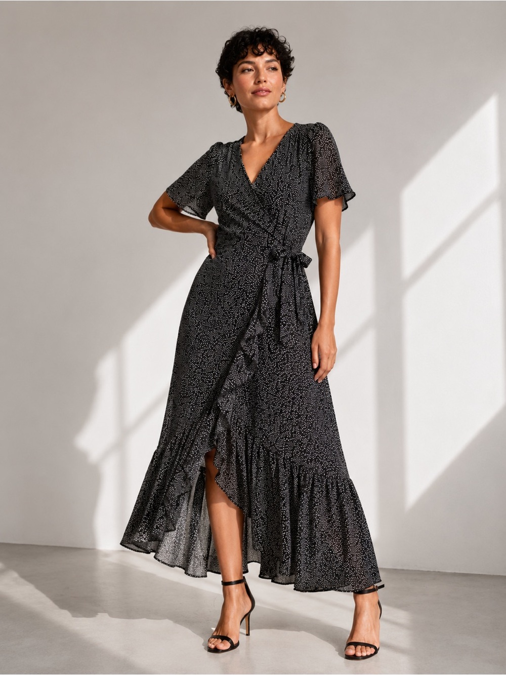 Ally Fashion Wrap Dress Chiffon Ruffle High-Low US 8 Polka Dot